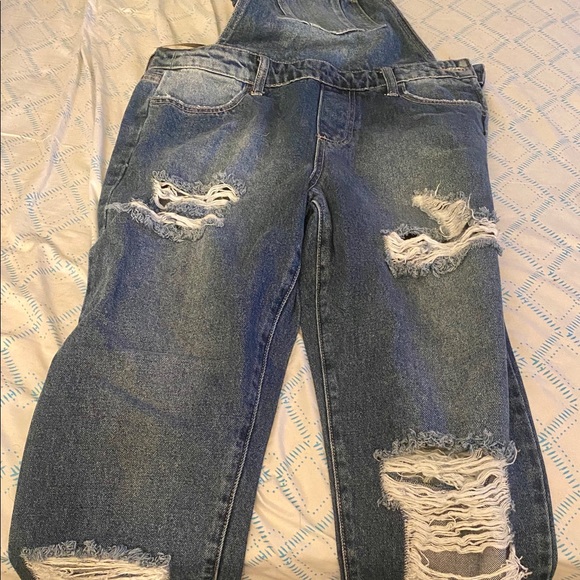Denim Distressed Overalls - Picture 1 of 7